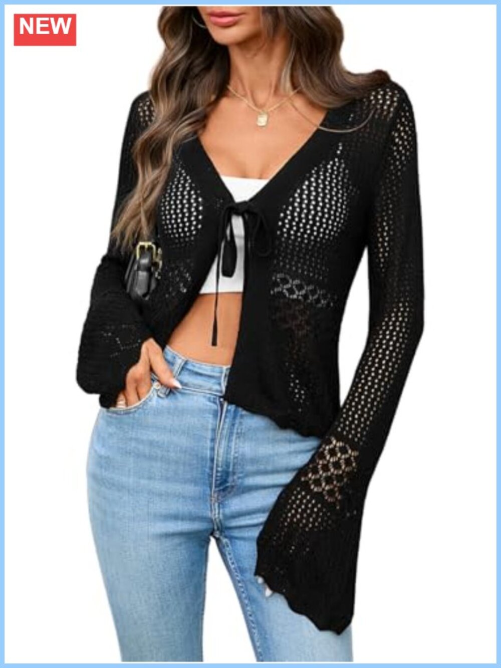 Crochet Tie Front Shrug Cardigan Bell Sleeve Light Summer Knit Boho Top